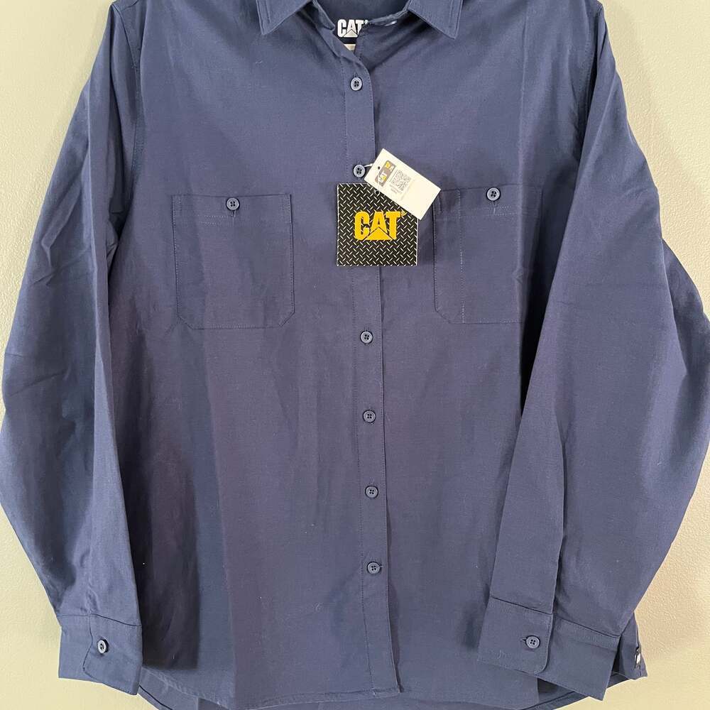 CAT womens XL oxford shirt button navy blue durable nwt - Picture 1 of 4